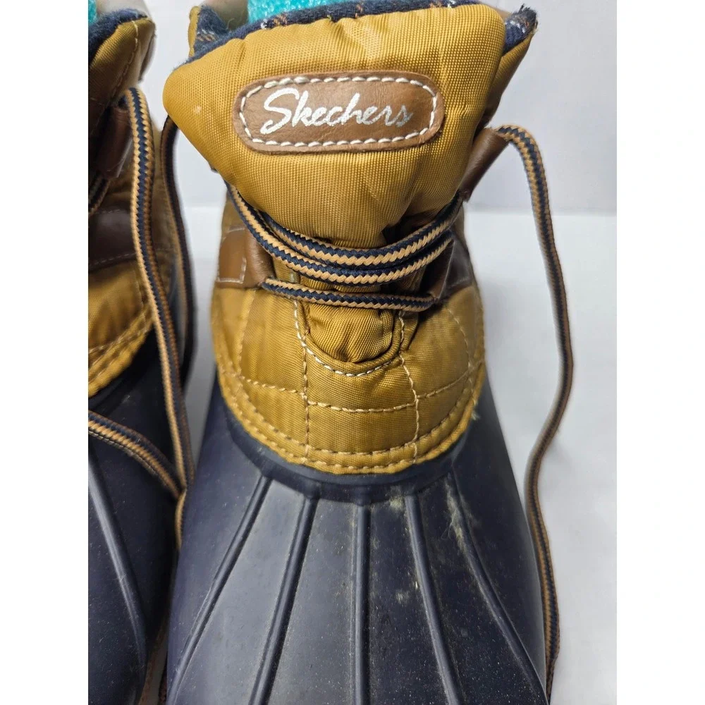 Skechers Womens Duck Boots Navy Brown Quilted‎ Nylon Rubber Lace Up Size 6